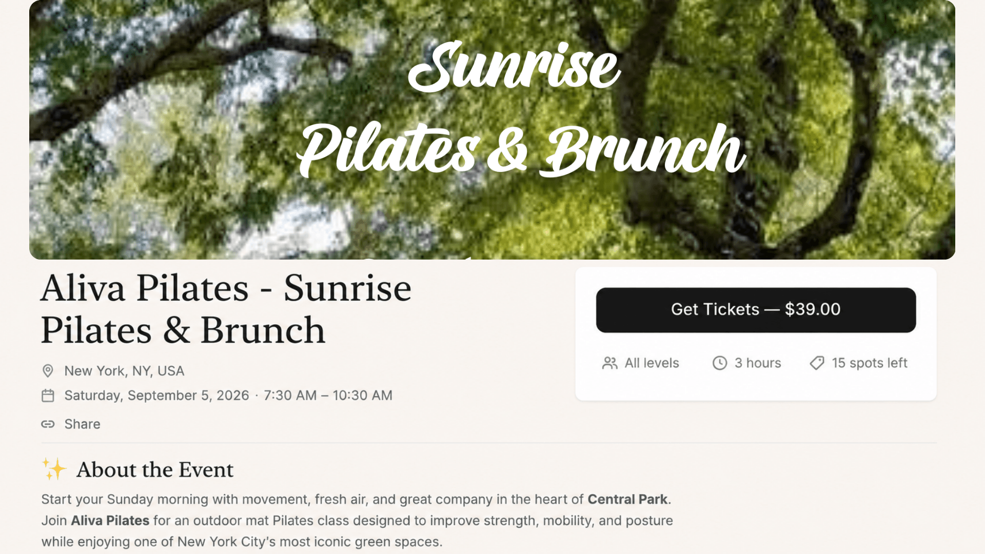 Wellzos event registration page for a Pilates workshop